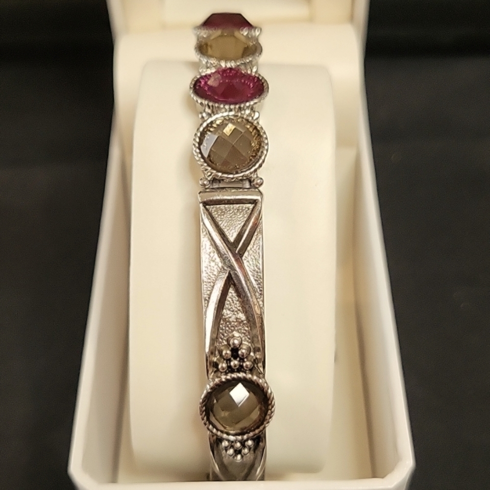 Vintage Silver Openwork Stretch Cuff Bracelet Pink Smoky Earthy Gems